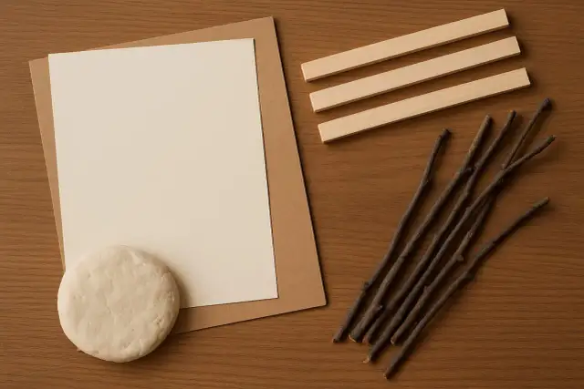 Materiały do stworzenia ramki do zdjęć: patyki, drewniane listewki, masa plastyczna i papier.