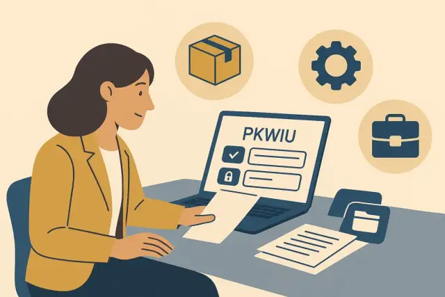 Kobieta przy laptopie z napisem PKWIU, ikony: paczka, koło zębate, teczka.