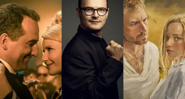 Trzy kadry z najnowszych polskich filmów w kinach: para na balu, ksiądz w okularach i para na obrazie.