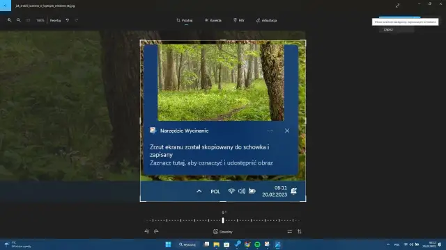 Zrzut ekranu zrobiony Narzędziem Wycinanie. Pokazuje, jak zrobić screena na laptopie, z opcją zaznaczenia i udostępnienia obrazu.
