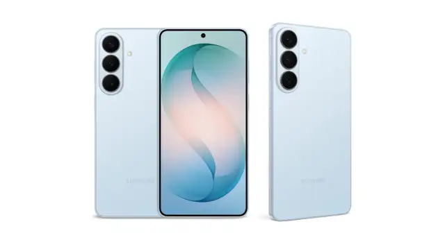 Trzy telefony Samsung S26 w kolorze jasnoniebieskim, prezentujące potrójny aparat i ekran z abstrakcyjną grafiką. Premiera Samsung S26 już wkrótce!