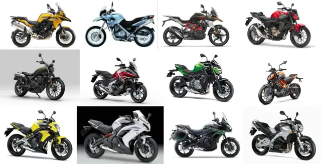 Kolekcja motocykli sportowych: żółty, niebieski, czarno-złoty, czerwony, zielony, srebrny i inne.
