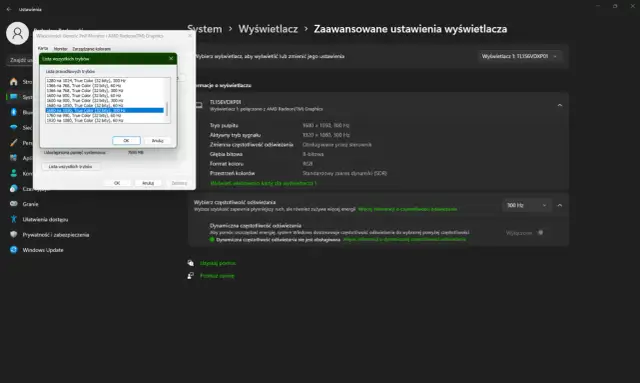 Okno dialogowe z listą częstotliwości odświeżania monitora (Hz) i ustawieniami wyświetlacza w systemie Windows.