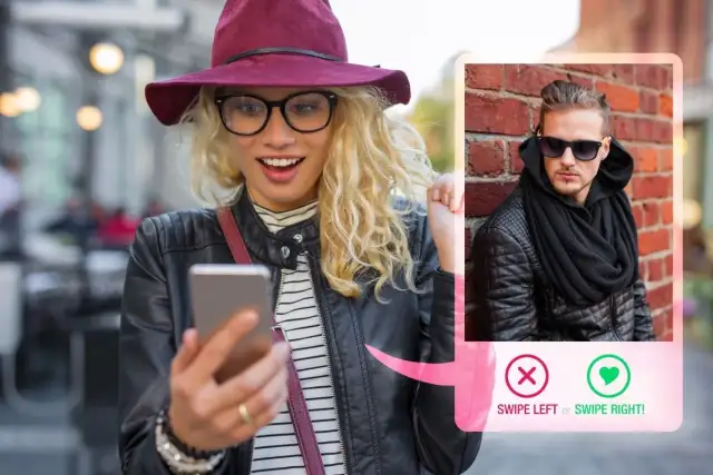 Kobieta z telefonem i profilem mężczyzny z przyciskami "swipe left" i "swipe right".