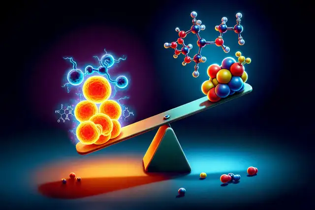 Waga z molekułami po obu stronach, symbolizująca równowagę hormonalną.