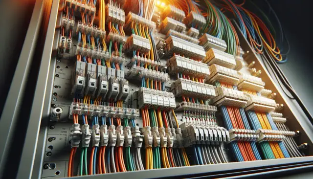 Zbliżenie na rozdzielnicę elektryczną z wieloma przewodami i bezpiecznikami.