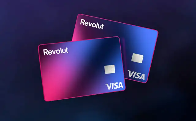 Dwie karty Revolut Visa w gradientach różu i błękitu. Dowiedz się, karta Revolut co to jest i jak działa.