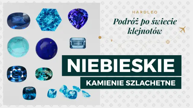 Kolekcja niebieskich kamieni szlachetnych: szafiry, topaz, akwamaryn, lapis lazuli i turkus.