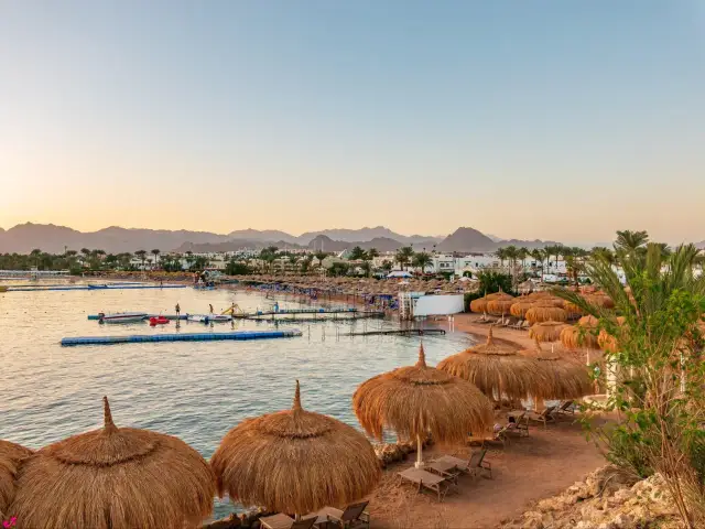 Spokojny widok na plażę z rafiami słomianymi i leżakami. W oddali widać góry i zabudowania. Półwysep Synaj wydaje się bezpieczny i zapraszający do wypoczynku.