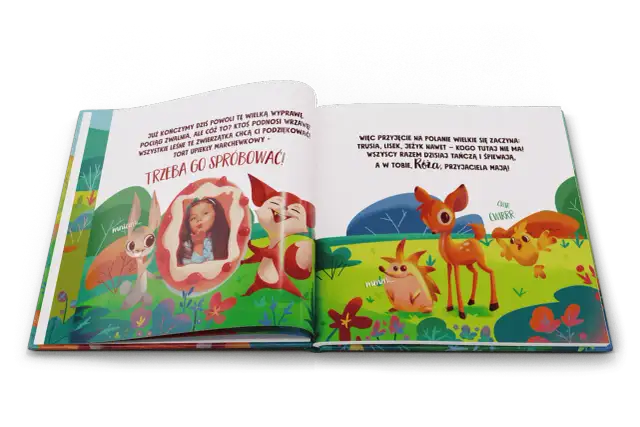 Otwarta książeczka z ilustracją zwierzątek i dziewczynki w okrągłej ramce.