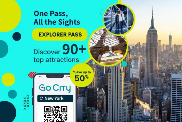 New York skyline with Empire State Building, phone showing Go City app, and circular images of attractions.