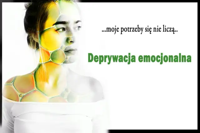 Portret kobiety z nałożonym schematem deprywacji emocjonalnej. Tekst: "...moje potrzeby się nie liczą.. Deprywacja emocjonalna".