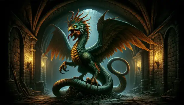 Zielony bazyliszek z rozwiniętymi skrzydłami siedzi w kamiennej, mrocznej komnacie.