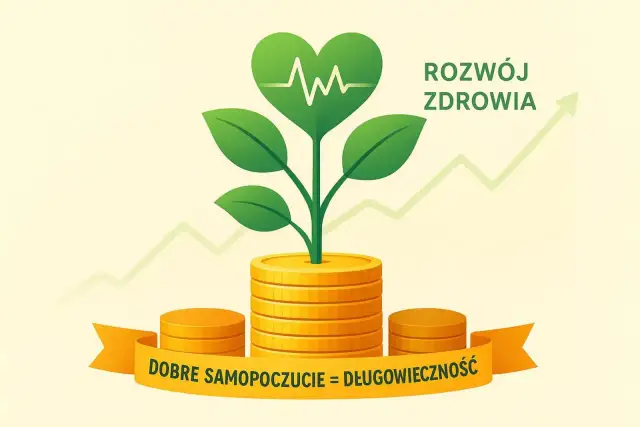 Zielona roślina z sercem i EKG wyrasta ze stosu monet. Napis "Rozwój zdrowia".