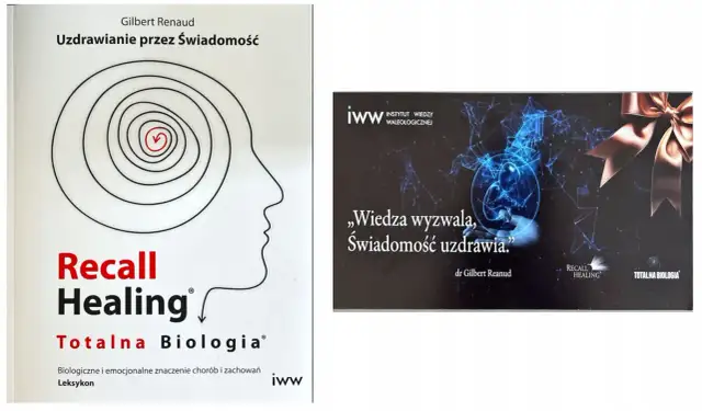 Okładka książki "Recall Healing. Totalna Biologia" i materiał promocyjny z cytatem.