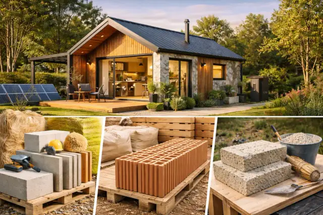 Jak najtaniej wybudować dom? Fotomontaż pokazuje nowoczesny dom, panele słoneczne i materiały budowlane: pustaki, cegły, worki z cementem.