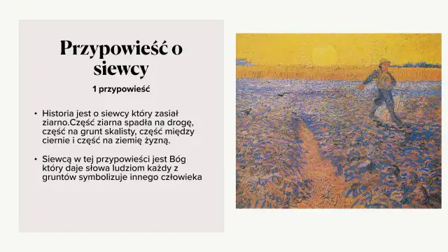 Obraz przedstawia malowidło w stylu impresjonistycznym z postacią siewcy na polu.