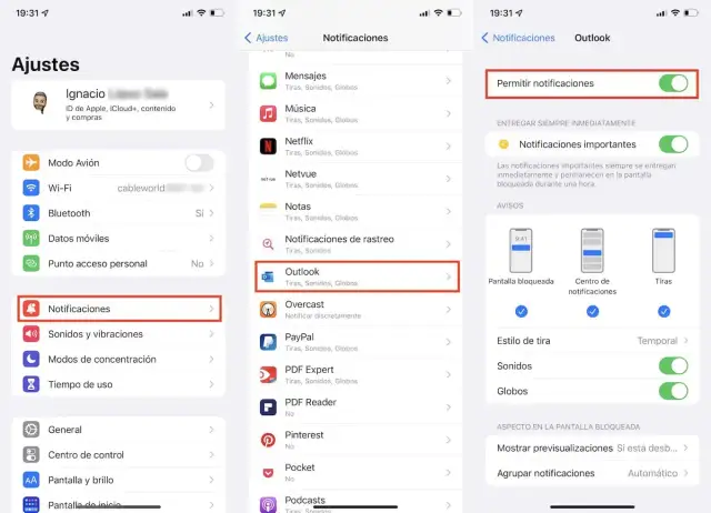 Jak wyciszyć powiadomienia iPhone: w Ustawieniach wybierz Powiadomienia, a następnie Outlook. Wyłącz "Pozwól na powiadomienia".