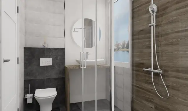 Nowoczesna łazienka z białym WC, umywalką i prysznicem z drewnianą ścianą.