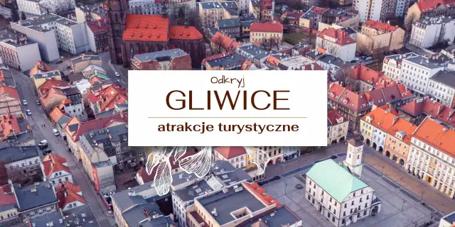 Widok z lotu ptaka na rynek w Gliwicach z widocznymi zabytkowymi kamienicami i wieżą ratuszową. Odkryj Gliwice i jego atrakcje turystyczne.