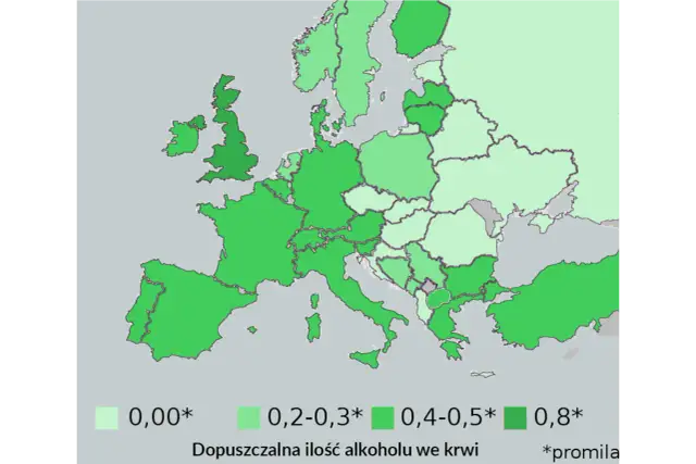 Mapa Europy z zaznaczonymi dopuszczalnymi limitami alkoholu we krwi. Różne odcienie zieleni pokazują kraje z różnymi dopuszczalnymi stężeniami promila.