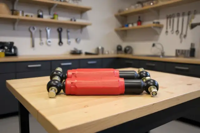 Dwa czerwone amortyzatory z czarnymi końcówkami, gotowe do montażu do przyczepki. W tle warsztat z narzędziami.