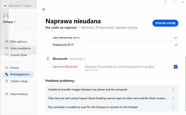 Nieudana naprawa sterownika Bluetooth. Aby włączyć Bluetooth na PC, spróbuj ponownie.