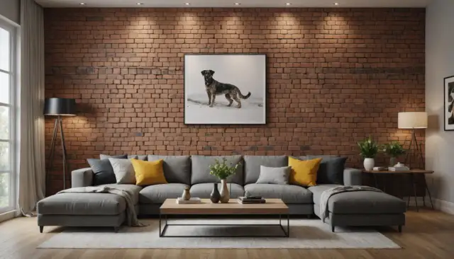 Nowoczesny salon z szarą kanapą, ceglaną ścianą i obrazem psa. Idealne miejsce, co zamiast gipsu, by odpocząć.