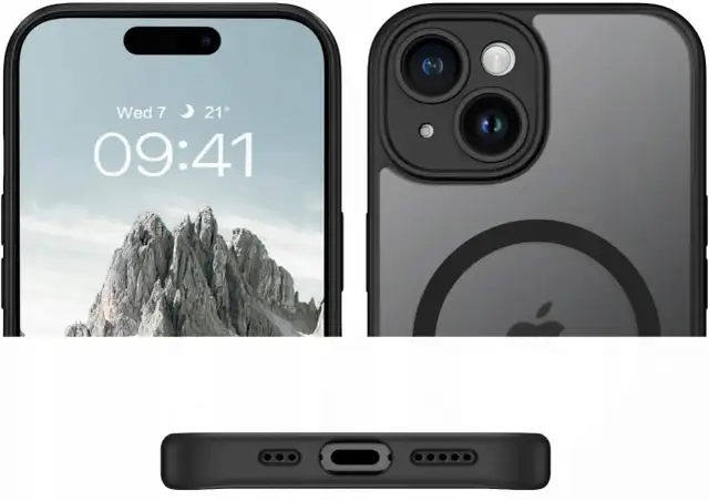 Etui na iPhone 12 pasuje do 13? Zobacz zbliżenia ekranu, aparatu i dolnej krawędzi telefonu w czarnym etui.