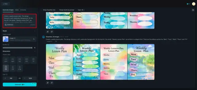 Plan lekcji tygodniowych z akwarelowym tłem. Opisuje, co obejmuje plan nauczania: pięć sekcji na dni tygodnia (Mon-Fri).