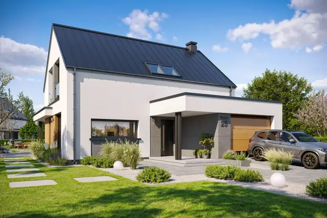 Nowoczesny dom w goździkowcach g2 z garażem, podjazdem i zadbanym ogrodem.