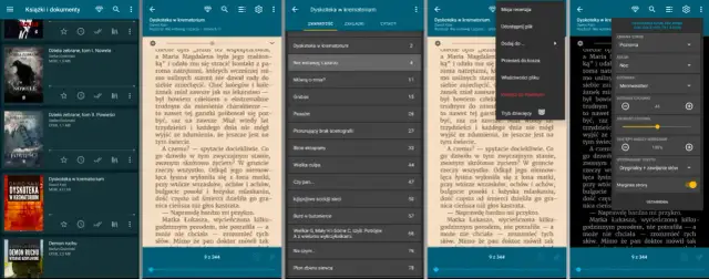 Darmowa aplikacja do czytania książek. Widok biblioteki z okładkami i tytułami, a także ekran czytnika z tekstem i ustawieniami.