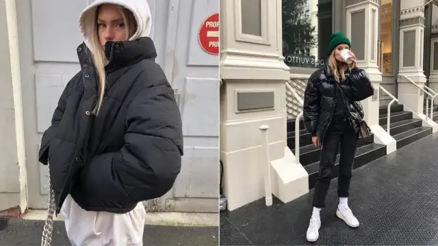 Kobieta w czarnej, puchatej kurtce typu puffer, co to znaczy? To ciepła i stylowa odzież na zimę.