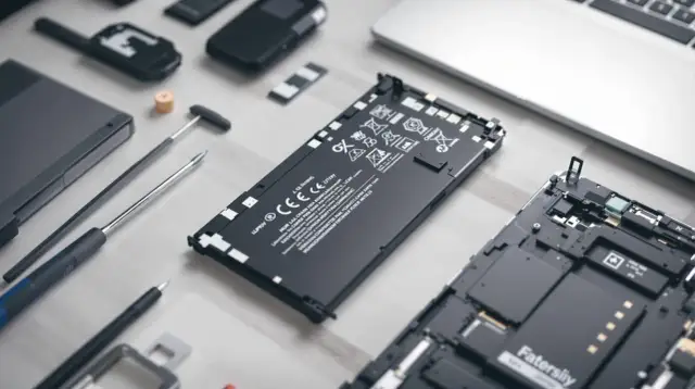 Narzędzia i części do wymiany baterii w laptopie. Widoczna nowa bateria, płyta główna i śrubokręty.