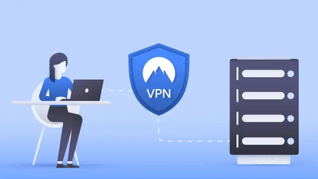 Kobieta z laptopem, tarcza z napisem VPN i serwer.