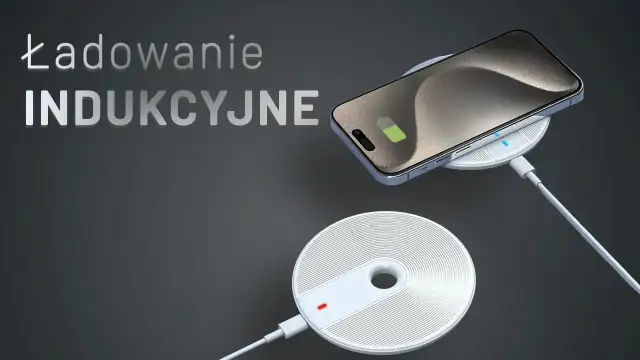 Telefon na ładowanie indukcyjne. Dwie białe ładowarki, jedna z podłączonym kablem, druga z telefonem na górze.