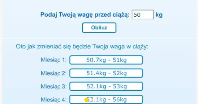 Kalkulator wagi w ciąży: pole wprowadzania wagi przed ciążą, przycisk "Oblicz", lista prognozowanych wag miesięcznych.