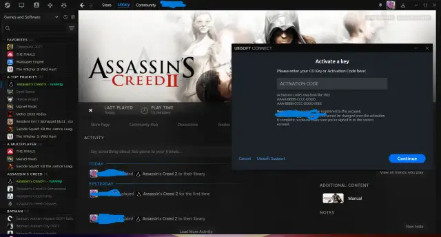 Okno Ubisoft Connect z polem do wpisania kodu aktywacyjnego gry Assassin's Creed II.