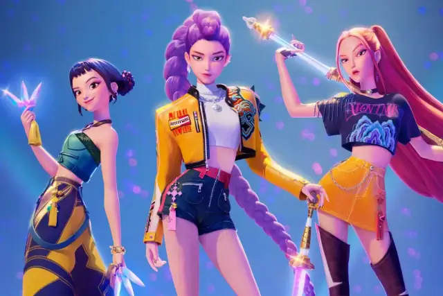 Trzy k popowe łowczynie demonów w stylowych strojach, każda z magiczną bronią, gotowe do walki.