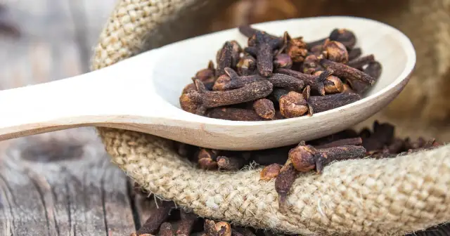 Drewniana łyżka z goździkami na tle worka z przyprawami.