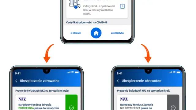 Aplikacja pokazuje, jak sprawdzić przynależność do NFZ. Jedno okno potwierdza prawo do świadczeń, drugie informuje o braku.