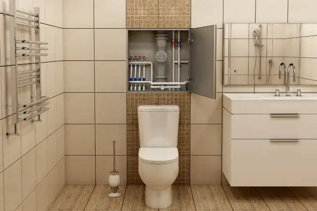 Łazienka z widocznymi rurami CO w otwartej szafce nad toaletą, umywalką i grzejnikiem.