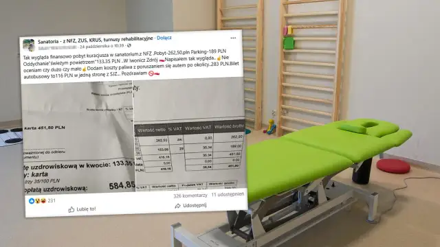 Faktura z sanatorium: pobyt 133,35 PLN, parking 189 PLN, paliwo 116 PLN. Całkowity koszt pobytu w sanatorium to 584,85 PLN.