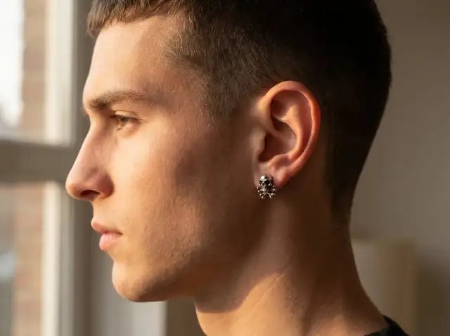 Zbliżenie na profil mężczyzny z kolczykiem w kształcie czaszki z piszczelami w lewym uchu.