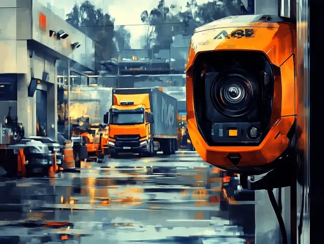 Pomarańczowa kamera monitoruje teren przemysłowy, gdzie system rozpoznawania tablic rejestracyjnych śledzi ruch ciężarówek i samochodów.