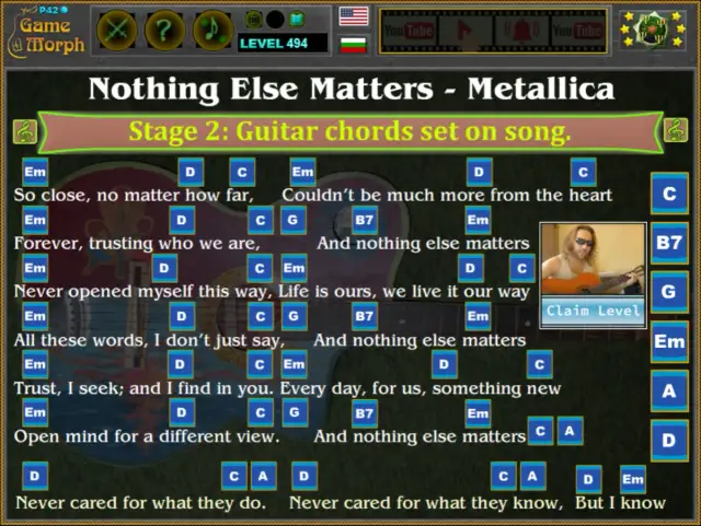 Gra "Nothing Else Matters - Metallica" z akordami na gitarze. Etap 2: akordy ustawione na piosenkę.