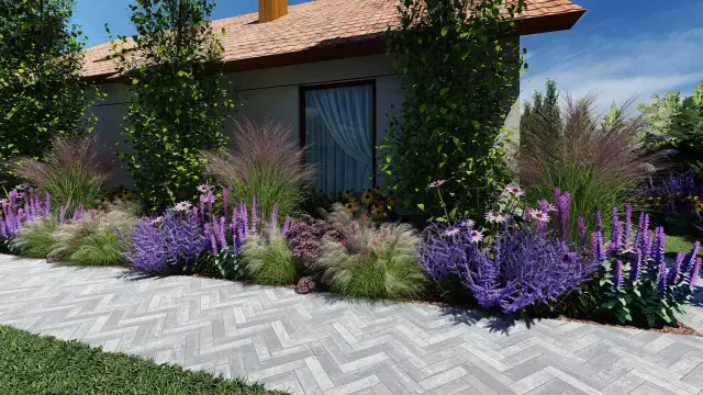 Piękne kwiaty do ogrodu w odcieniach fioletu i różu, otaczające dom. Trawa ozdobna dodaje lekkości.