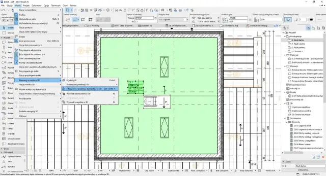 Widok planu piętra w programie ArchiCAD z zaznaczonymi wymiarami i elementami konstrukcyjnymi.