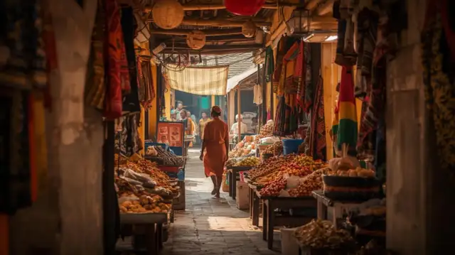 Kolorowy targ, gdzie leży mali, pełen owoców i tkanin.