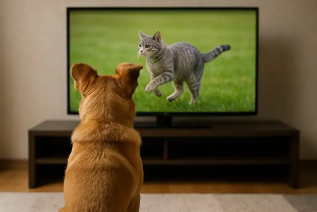 Rudy pies z uwagą obserwuje na ekranie telewizora uciekającego kota. Tak właśnie widzi pies telewizor, gdy na ekranie pojawia się jego ulubiony przeciwnik.